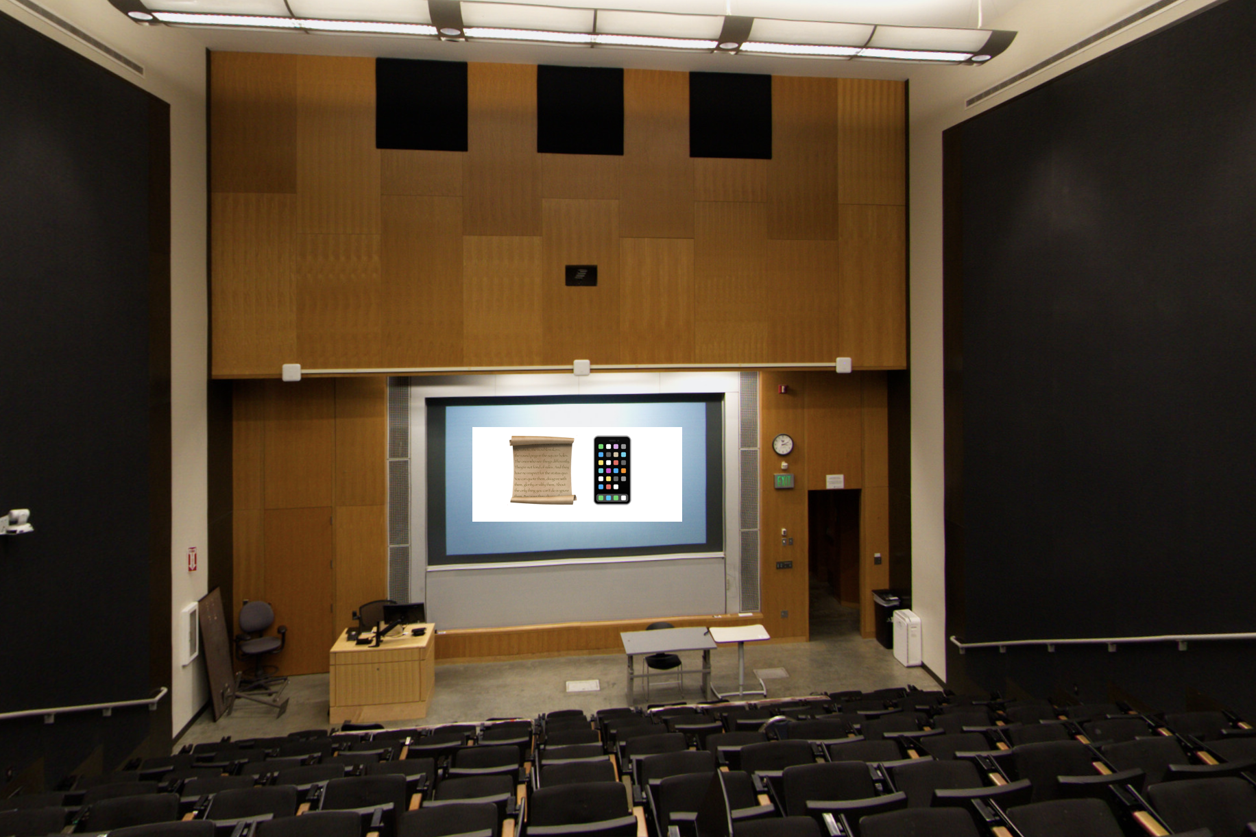image of lecture space with a scroll emoji and an iphone emoji on the screen